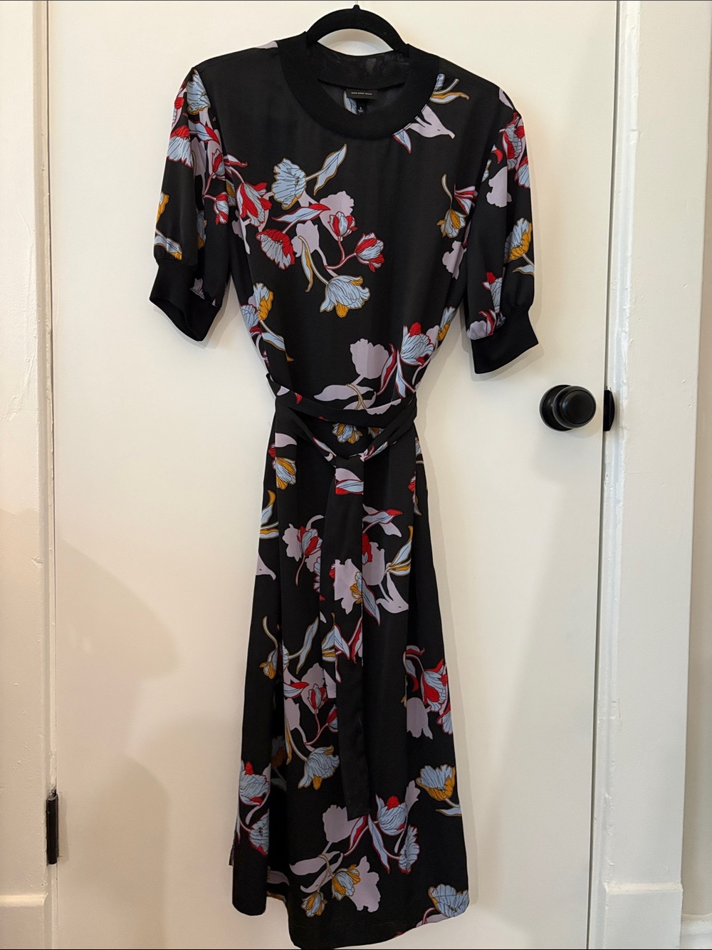Who What Wear Black Floral Midi Dress with Belt - Picture 6 of 6